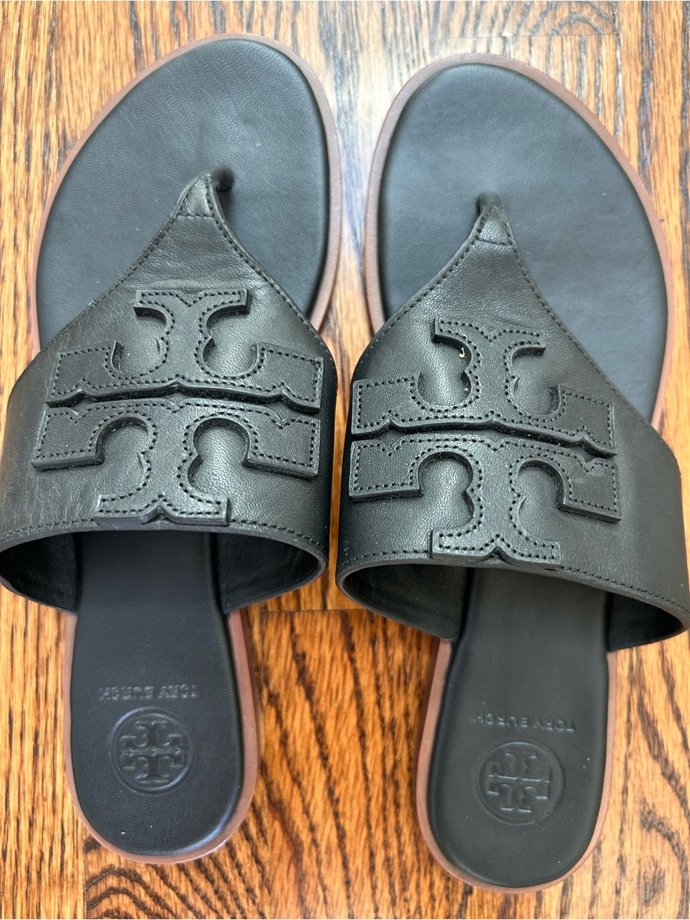 Tory Burch Black Leather Double-T Slide Sandals